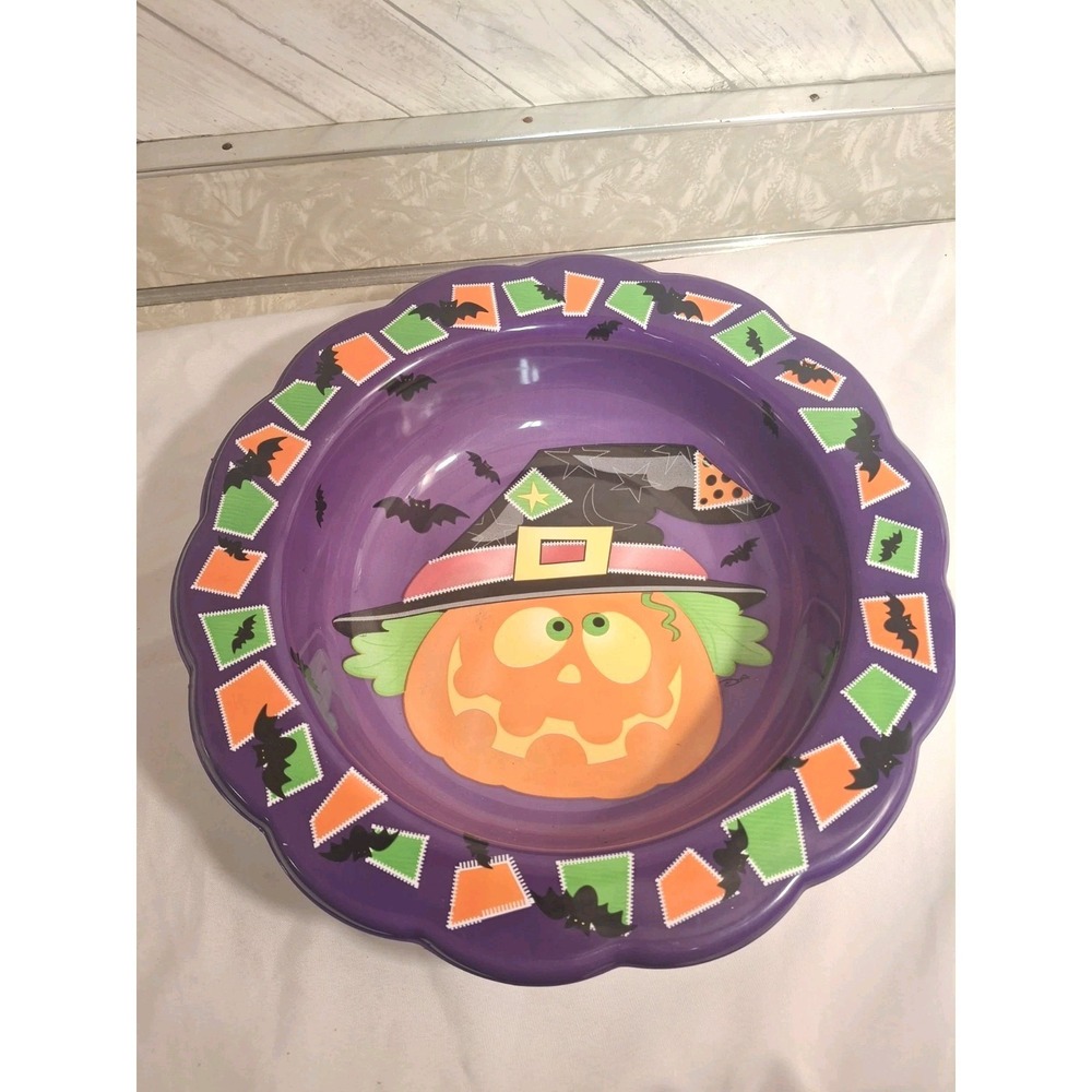 Vintage Halloween Candy Bowl Pumpkin W Witch Hat Bats Berman Industries USA